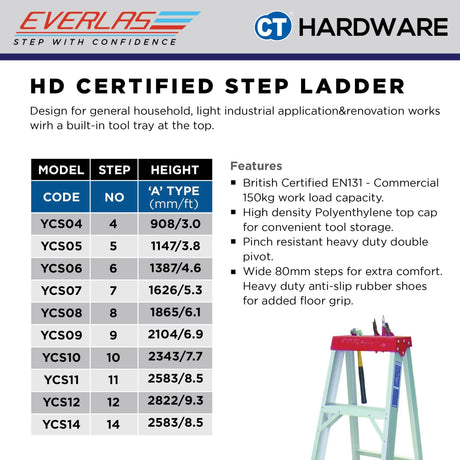 Everlas YCS Series Certified Heavy Duty Step Ladder 4 Steps - 12 Steps | 150kg Max Load | SIRIM