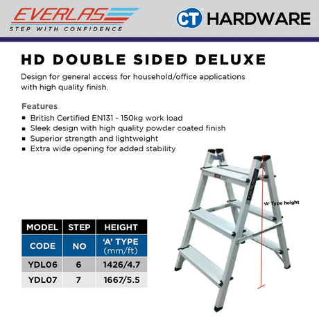Everlas YDL Series Heavy Duty Double Sided Deluxe Ladder 6 Rungs - 7 Rungs | 150kg Max Load | SIRIM