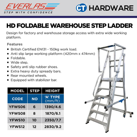 [BYO] Everlas YFWS Series H/D Foldable Warehouse Step Ladder 8 Steps - 12 Steps  | 150kg Max Load | SIRIM