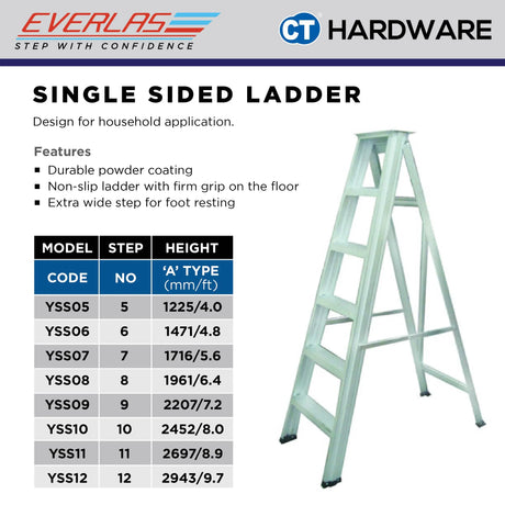 Everlas SS Series Single Sided Ladder 4 Steps - 12 Steps | 80kg Max Load