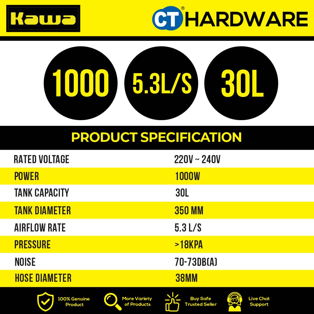 KAWA ZD1030L HEAVY DUTY STAINLESS STEEL WET & DRY VACUUM CLEANER 1000W | 30L
