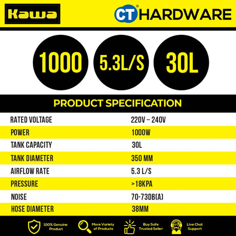 KAWA ZD1030L HEAVY DUTY STAINLESS STEEL WET & DRY VACUUM CLEANER 1000W | 30L