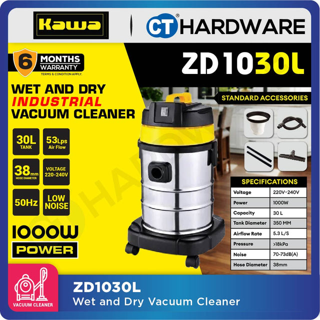 Kawa ZD1030L stainless steel wet and dry vacuum cleaner, 30-litre tank, 1000W