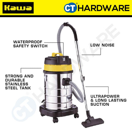 KAWA ZD1030L HEAVY DUTY STAINLESS STEEL WET & DRY VACUUM CLEANER 1000W | 30L
