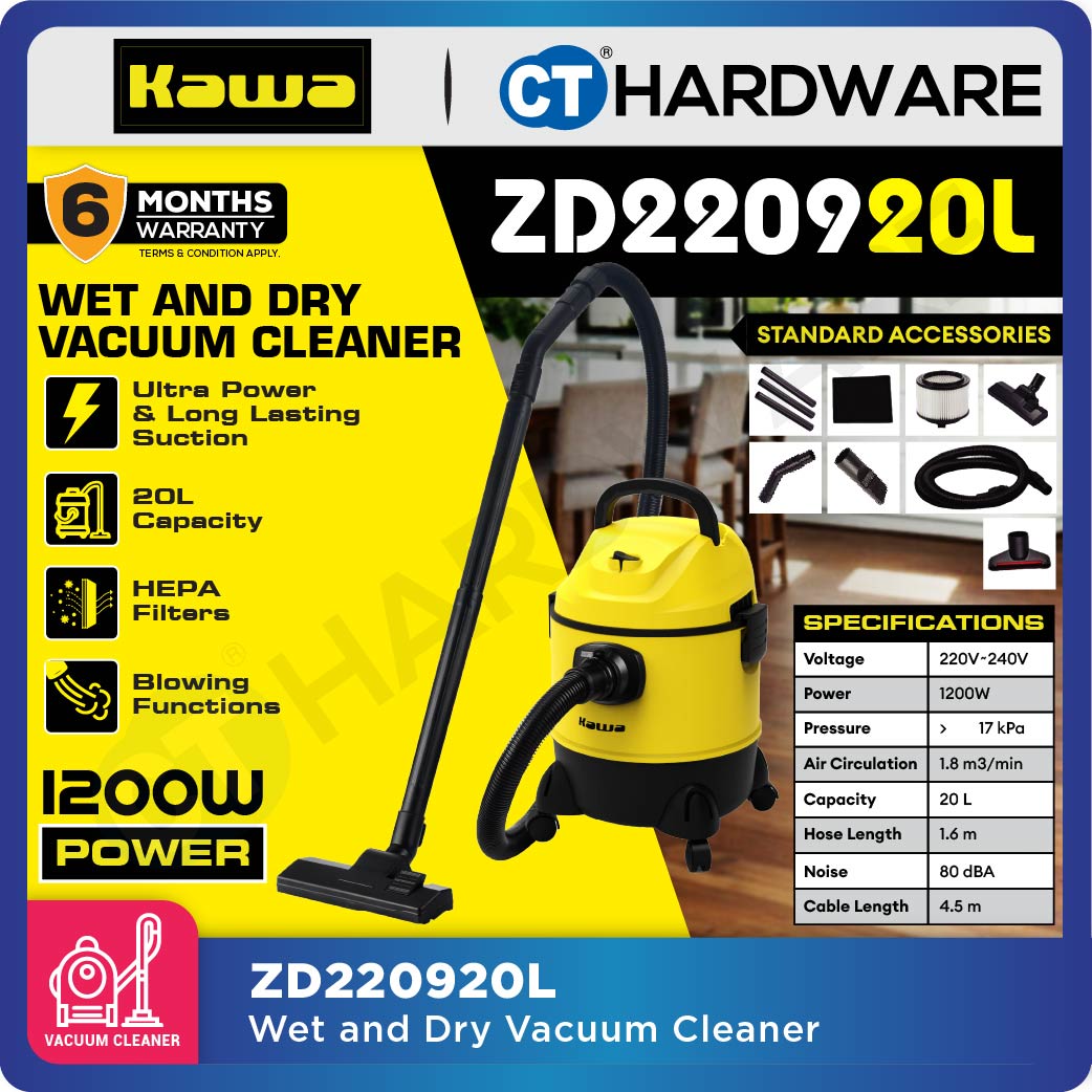 KAWA ZD220920L WET AND DRY VACUUM CLEANER WITH BLOWER FUNCTION 1200W | 20L | 80dBA | 17KPA | HEPA FILTER