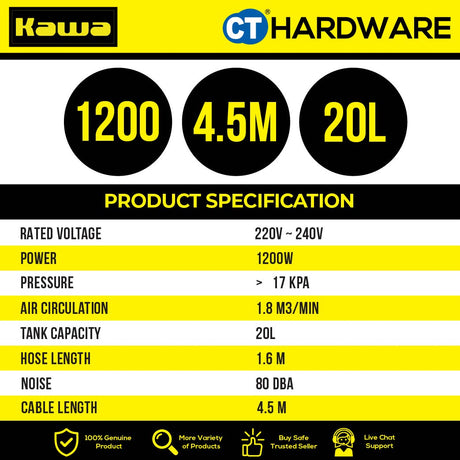 KAWA ZD220920L WET AND DRY VACUUM CLEANER WITH BLOWER FUNCTION 1200W | 20L | 80dBA | 17KPA | HEPA FILTER