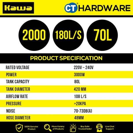 KAWA ZD98-3B-80L HEAVY DUTY STAINLESS STEEL WET & DRY 3-MOTOR VACUUM CLEANER 3000W | 80L [ ZD983B80L ]