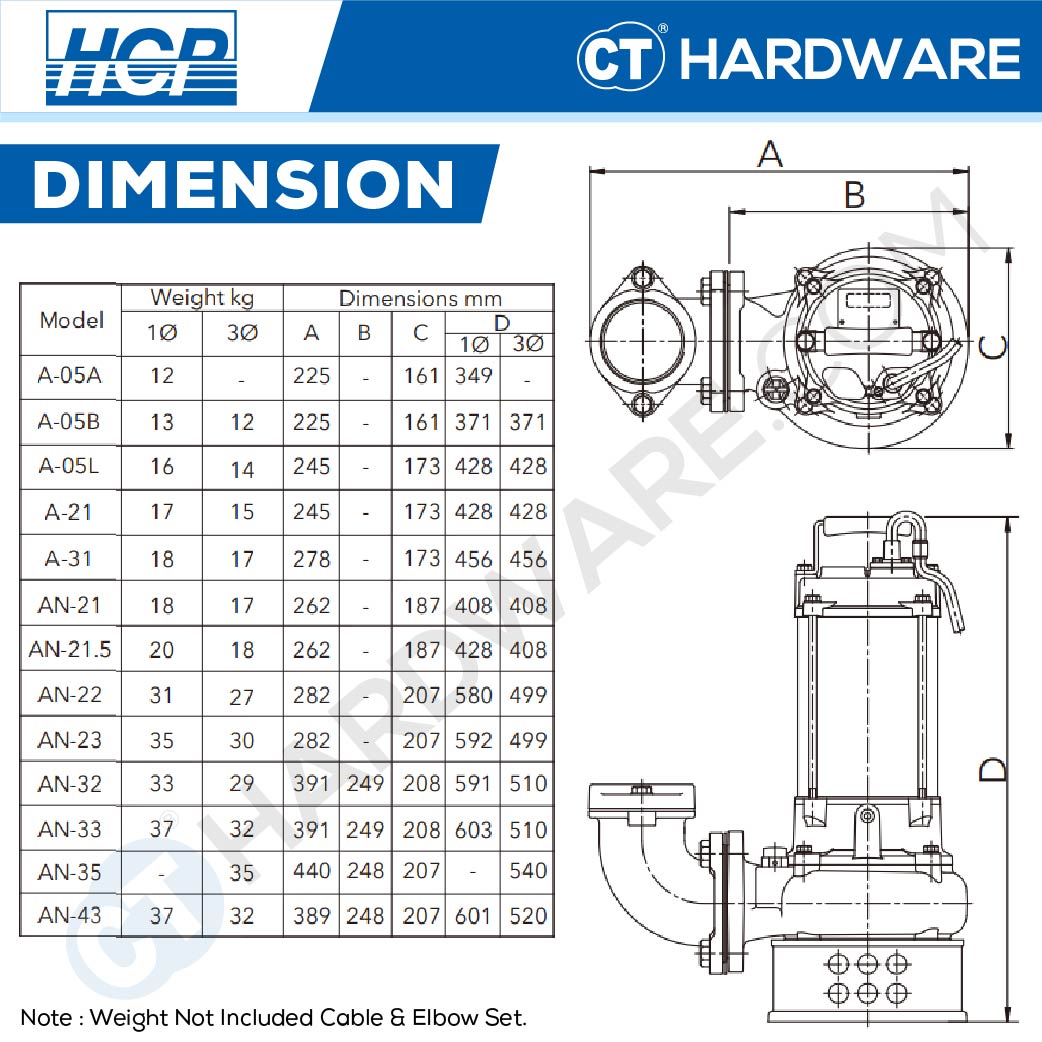 HCP A-21 SUBMERSIBLE WASTEWATER SUMP PUMP 2" | 1HP | 1PH | MAX 360L/MIN | 2M(H) | MANUAL [ A21 ]