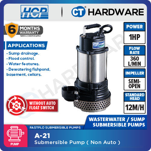 HCP A-21 SUBMERSIBLE WASTEWATER SUMP PUMP 2" | 1HP | 1PH | MAX 360L/MIN | 2M(H) | MANUAL [ A21 ]