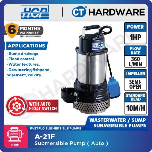 HCP A-21F SUBMERSIBLE WASTEWATER SUMP PUMP 2" | 1HP | MAX 360L/MIN | MAX HEAD 10M | AUTO [ A21F ]