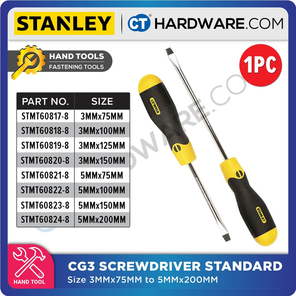 STANLEY CUSHION GRIP SCREWDRIVER STANDARD SIZE 3MM x 75MM TO 5MM x 200MM