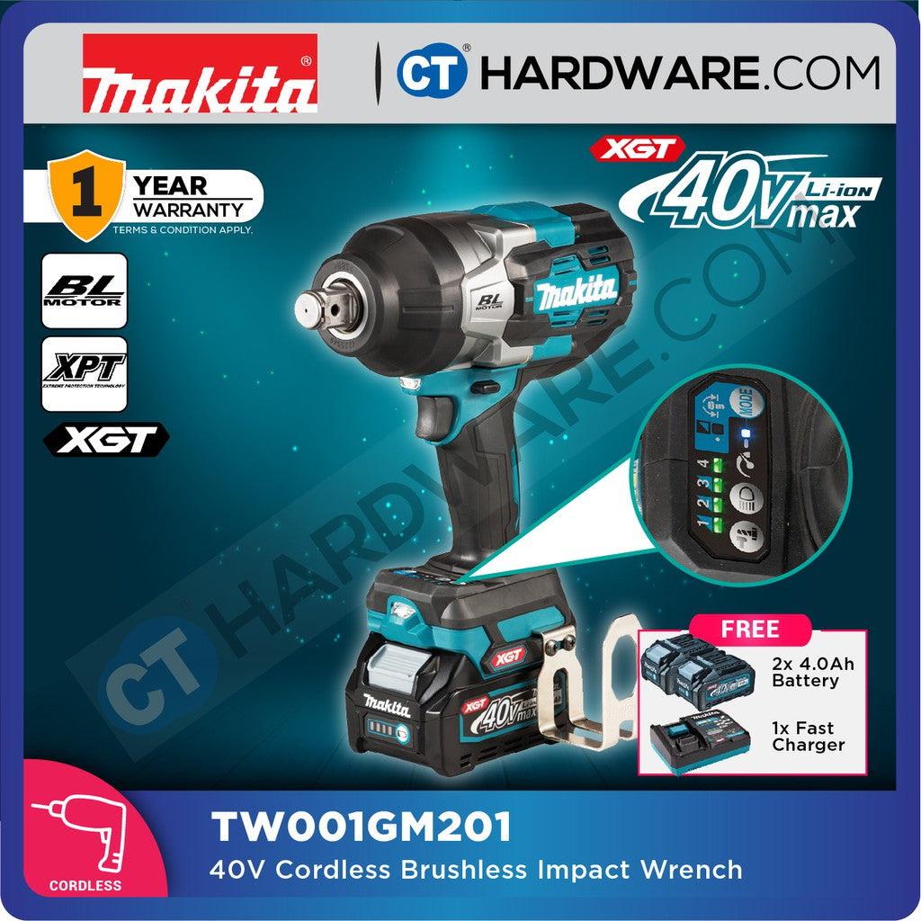 Makita TW001GM201 Cordless Brushless Impact Wrench 40V 3/4" 19mm 1800Nm 1800Rpm C/W 2x 4.0Ah Battery & 1x Fast Charger