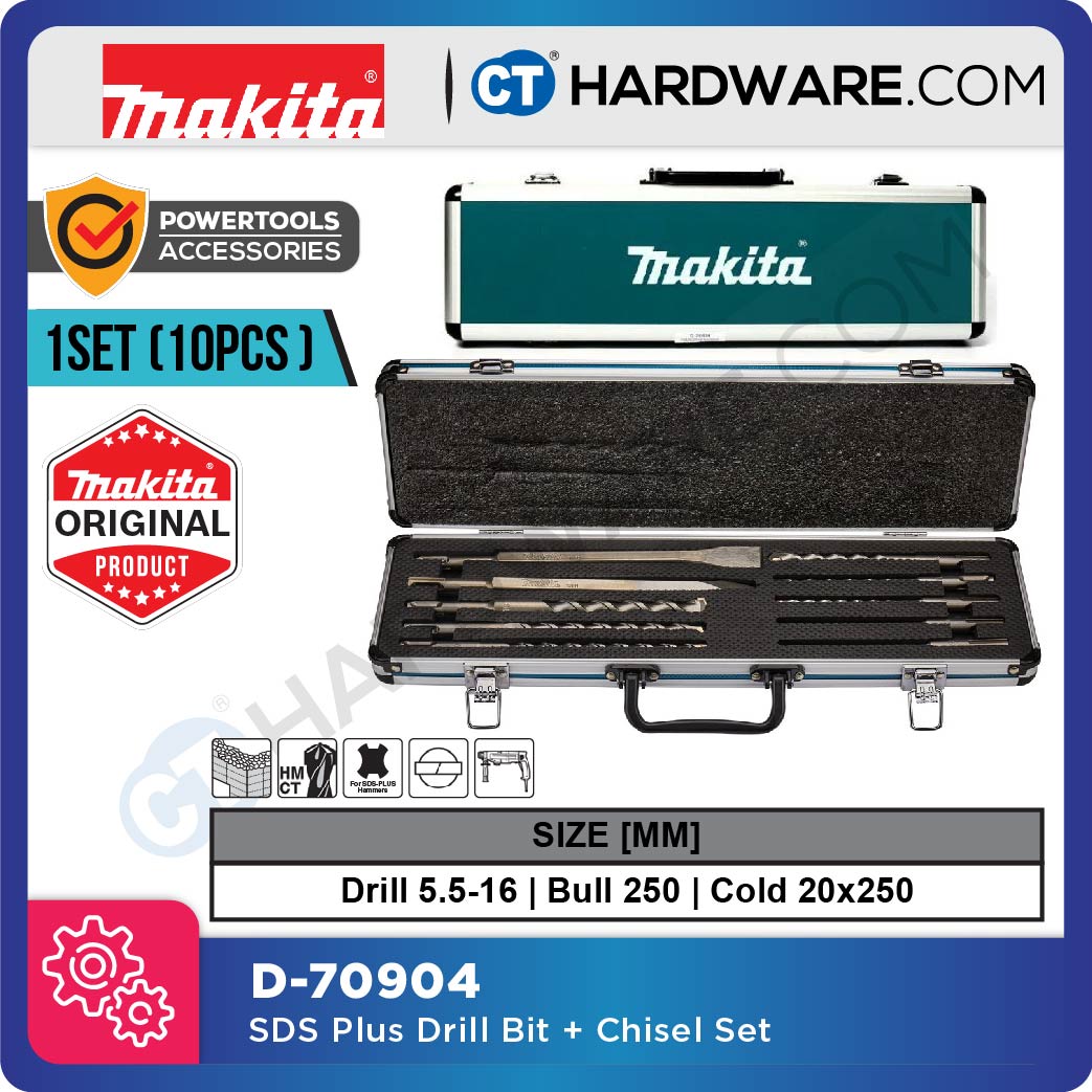 MAKITA D-70904 TCT DRILL BIT & CHISEL FOR SDS-PLUS HAMMERS ASSORTMENT SET IN ALUMINIUM CASE - 10PCS [ D70904 ]