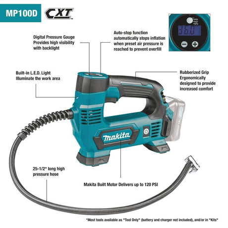 MAKITA MP100DZ CORDLESS INFLATOR 12V MAX CXT LI-ION W/O BATTERY & CHARGER ( SOLO )