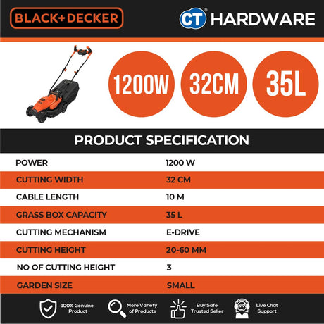 Black+Decker BEMW451BH-B1 Electric Lawn Mower 1200W 32cm 35l With Ergonomic Bike Handle