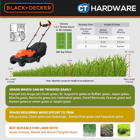 Black & Decker BEMW451BH Electric Lawn Mower 1200W 32cm 35L With Ergonomic Bike Handle