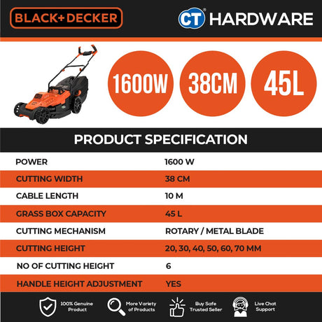 Black+Decker BEMW471BH Electric Lawn Mower 1600W 38cm 45l With Ergonomic Bike Handle