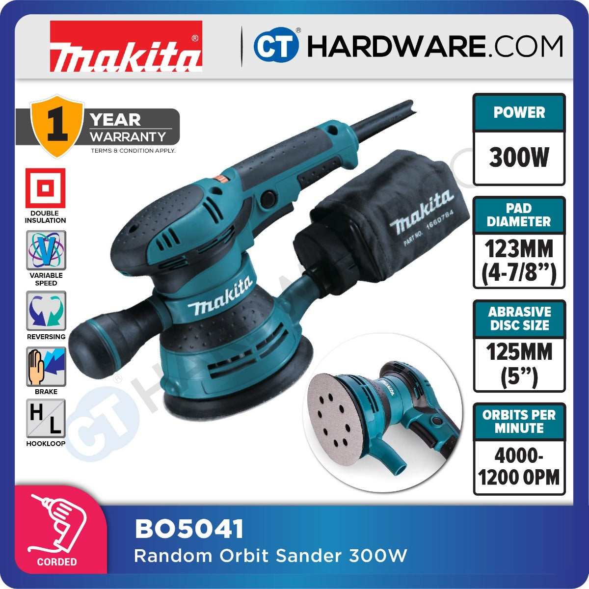 MAKITA BO5041 5" RANDOM ORBIT SANDER 300W 4000-12,000OPM