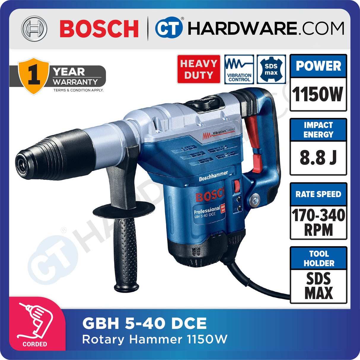 Bosch GBH 5-40 DCE Professional Rotary Hammer with SDS Max 1150W [0611264070 | GBH540DCE]