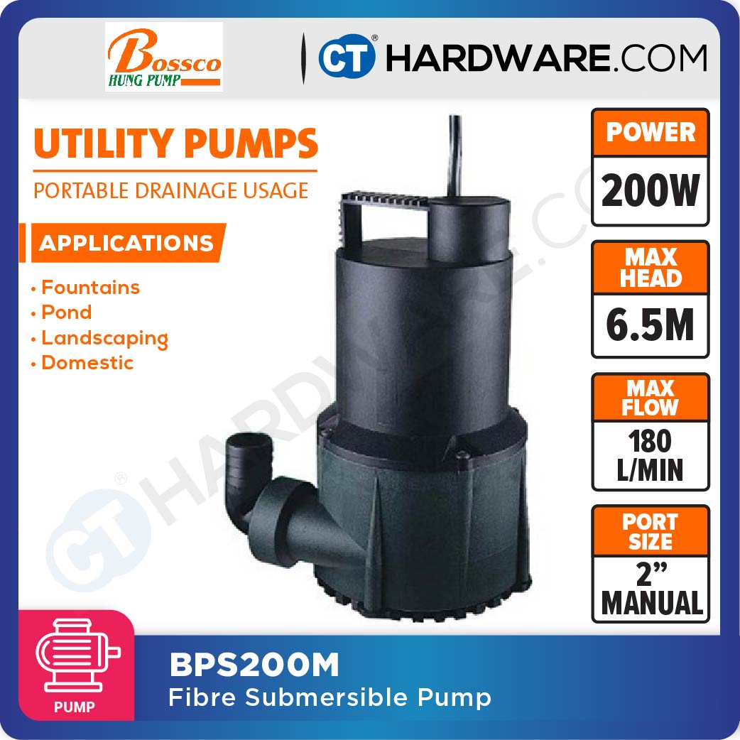 BOSSCO BPS200M FIBRE SUBMERSIBLE PUMP 200W | 180L/MIN | 6.5M | 1-1/4" [ MADE IN TAIWAN ]