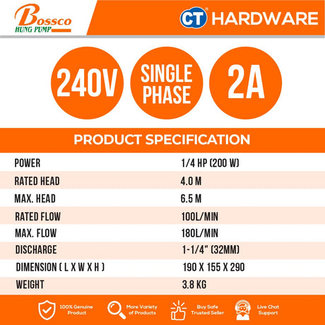 BOSSCO BPS200MA FIBRE SUBMERSIBLE PUMP 1/4HP | 180L/MIN | 6.5M/H | AUTO | 1-1/4" [ MADE IN TAIWAN ]
