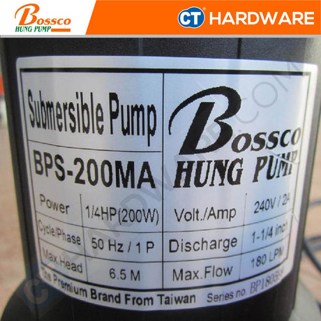 BOSSCO BPS200MA FIBRE SUBMERSIBLE PUMP 1/4HP | 180L/MIN | 6.5M/H | AUTO | 1-1/4" [ MADE IN TAIWAN ]