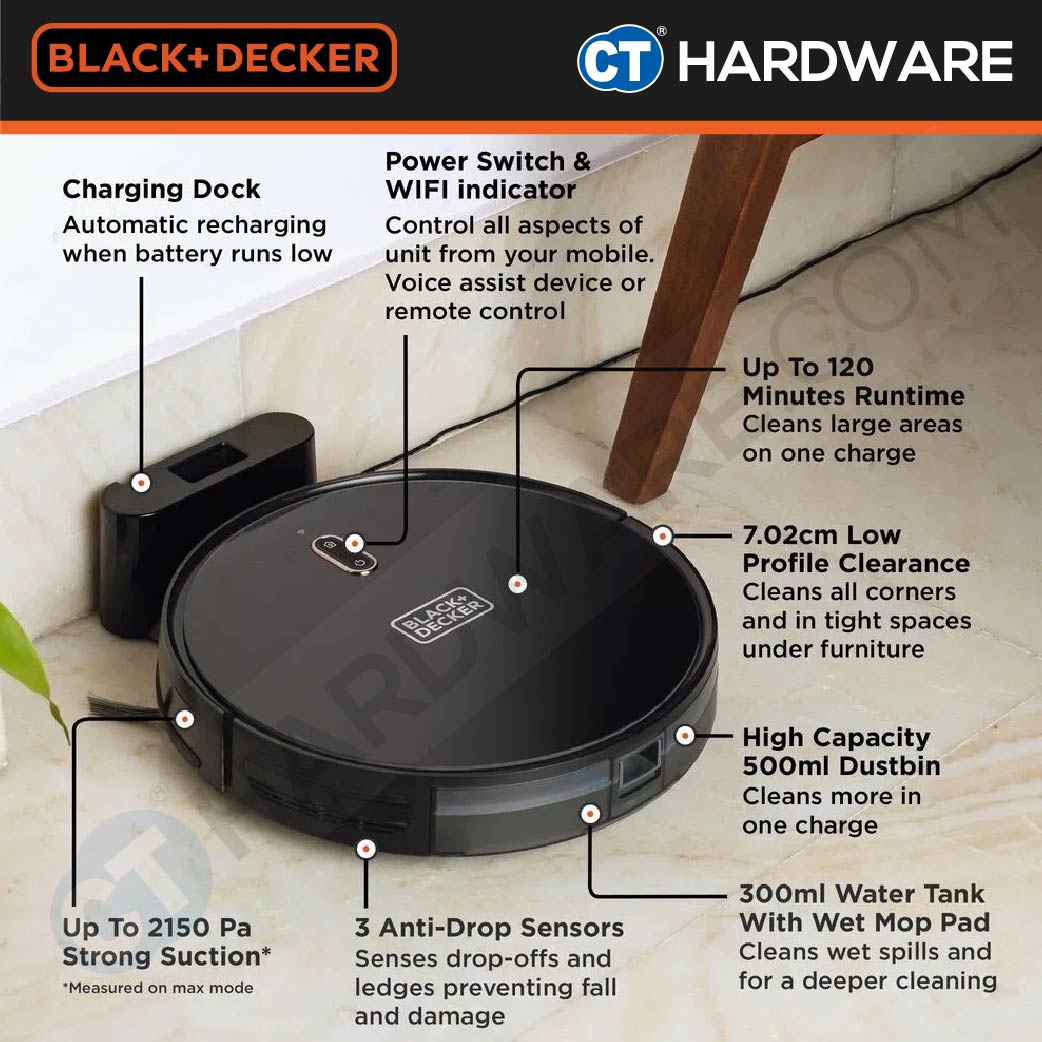 BLACK+DECKER BRVA425B00 2-IN-1 ROBOTIC VACUUM & MOP | 14.4V | 2150PA | 500ML DUSTBIN | 300ML WATER TANK
