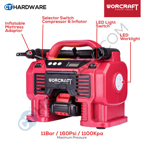 WORCRAFT CAC-S20LiA CORDLESS MULTI AIR PUMP 20V | 11 BAR | 160PSI | 1100KPA [ CACS20LIA ] [ONE FOR ALL ]