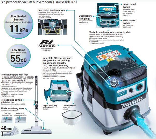 MAKITA DVC155LZX3 CORDLESS VACCUM CLEANER 18V X 2 105W 11KPA 2.1M3/MIN NO BATTERY & CHARGER ( SOLO )