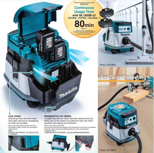 MAKITA DVC155LZX3 CORDLESS VACCUM CLEANER 18V X 2 105W 11KPA 2.1M3/MIN NO BATTERY & CHARGER ( SOLO )