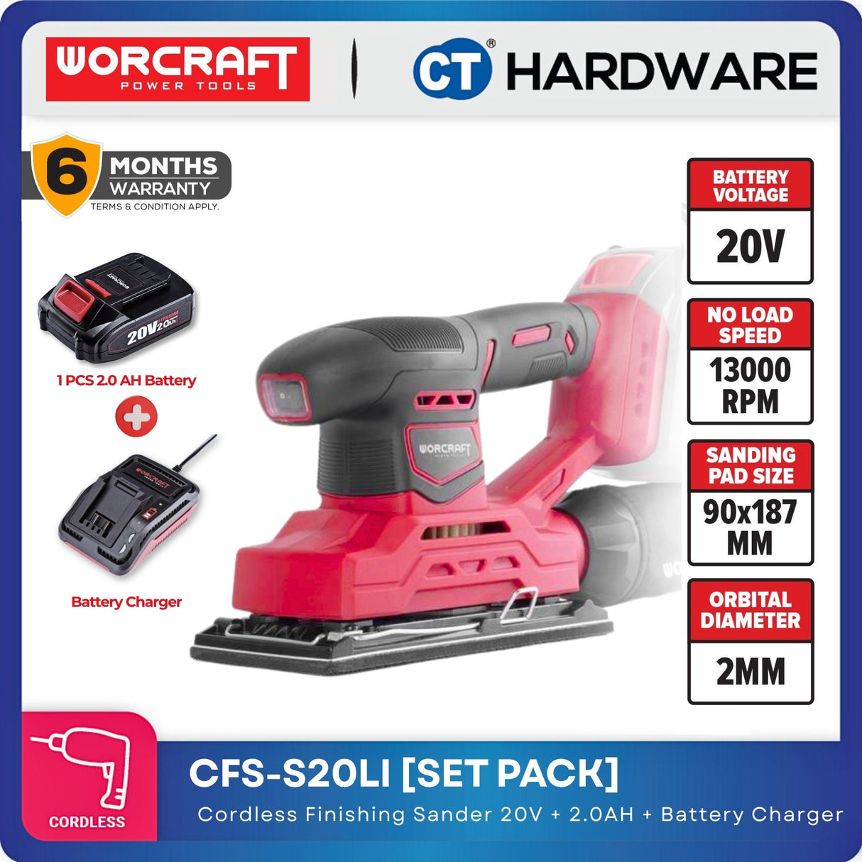WORCRAFT CFS-S20LI CORDLESS FINISHING SANDER 20V | 13000RPM | PAD SIZE 90x187MM [Set Pack with 2.0AH Battery]