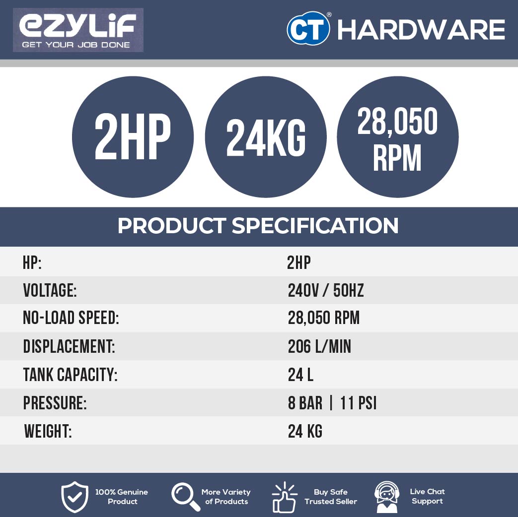 EZYLIF CG2T AIR COMPRESSOR 2HP X 24L TANK (8 BAR 6.3CFM)