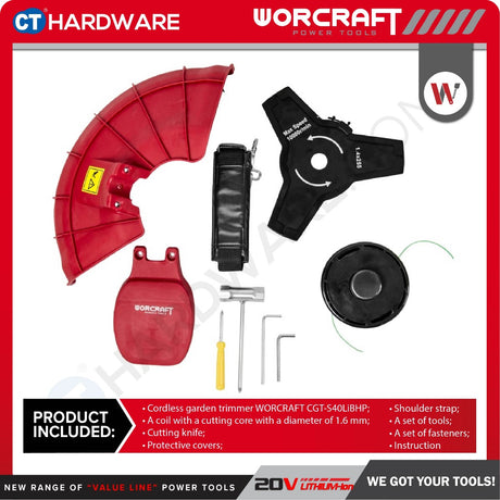 WORCRAFT CGT-S40LIBHP CORDLESS BRUSHLESS GRASS TRIMMER 40V | 6000RPM | BLADE 255MM [ CGTS40LIBHPSOLO ]-SOLO