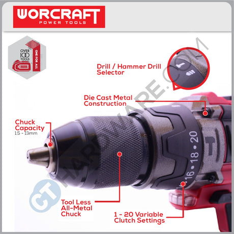 WORCRAFT CHD-S20LiB CORDLESS IMPACT HAMMER DRILL BRUSHLESS 20V 13MM [  CHDS20LiB ] [ ONE FOR ALL ]