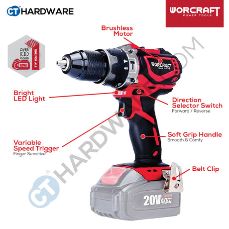 WORCRAFT CHD-S20LiB CORDLESS IMPACT HAMMER DRILL BRUSHLESS 20V 13MM [  CHDS20LiB ] [ ONE FOR ALL ]