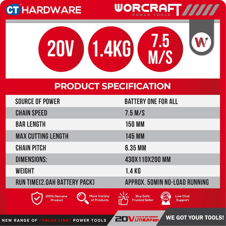 WORCRAFT CHS-S20LiB CORDLESS BRUSHLESS HANDLE MINI CHAIN SAW 20V | 6" [ CHSS20LIB ] [ ONE FOR ALL ]