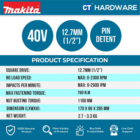 MAKITA TW008GZ 40VMAX CORDLESS BRUSHLESS IMPACT WRENCH 12.7MM (1/2") MID-TORQUE PIN DETENT XGT WITHOUT BATTERY & CHARGER