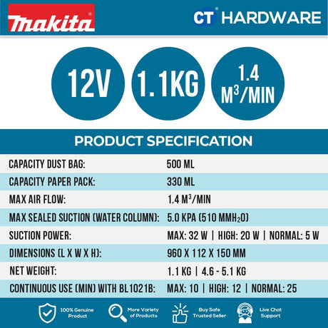 Makita CL107FDWYW/ FDZW CXT 12Vmax Cordless Cleaner 500ml 5.0 kPa (Body Only | 1-Battery)