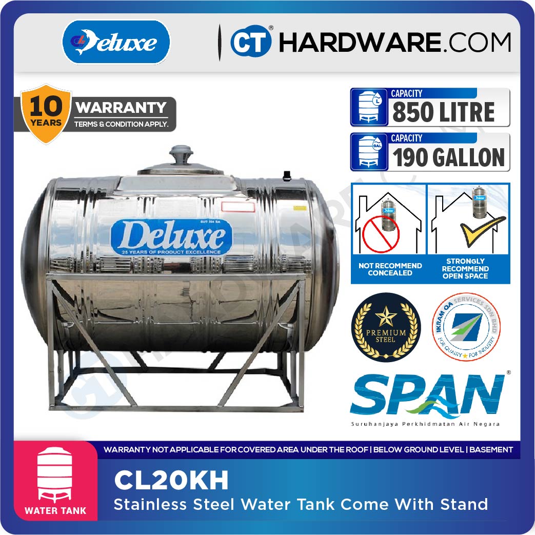 DELUXE CL20KH STAINLESS STEEL WATER TANK HORIZONTAL WITH STAND 850L | 190 GALLONS