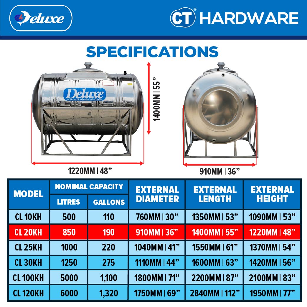 DELUXE CL20KH STAINLESS STEEL WATER TANK HORIZONTAL WITH STAND 850L | 190 GALLONS