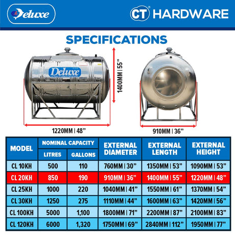 DELUXE CL20KH STAINLESS STEEL WATER TANK HORIZONTAL WITH STAND 850L | 190 GALLONS