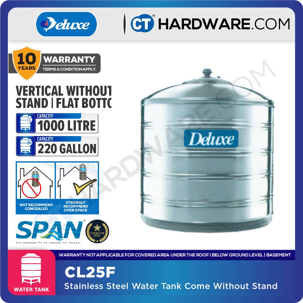DELUXE CL25F STAINLESS STEEL WATER TANK WITHOUT STAND 1000L ( 220 GALLONS) FLAT BOTTOM