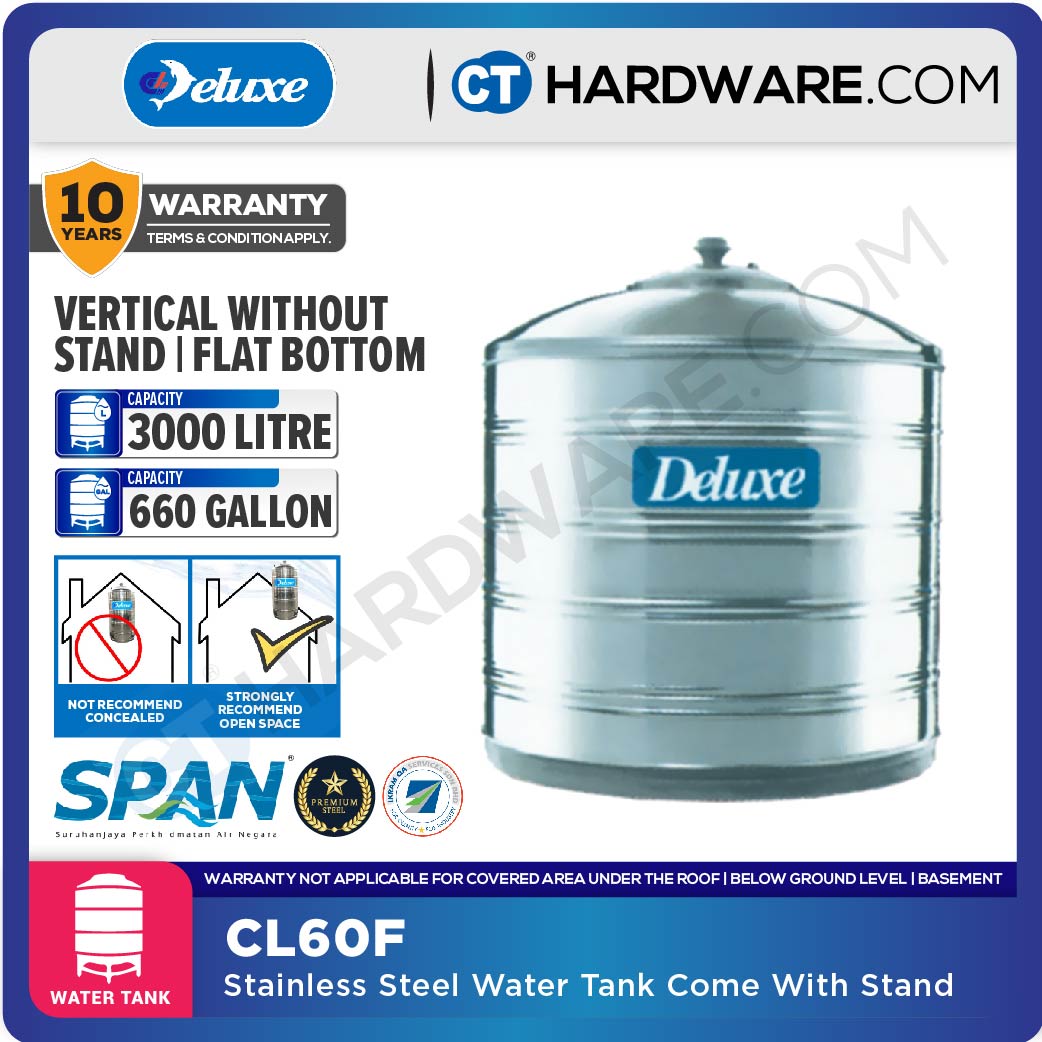 DELUXE CL60F STAINLESS STEEL WATER TANK WITHOUT STAND 3000L ( 660 GALLONS) FLAT BOTTOM