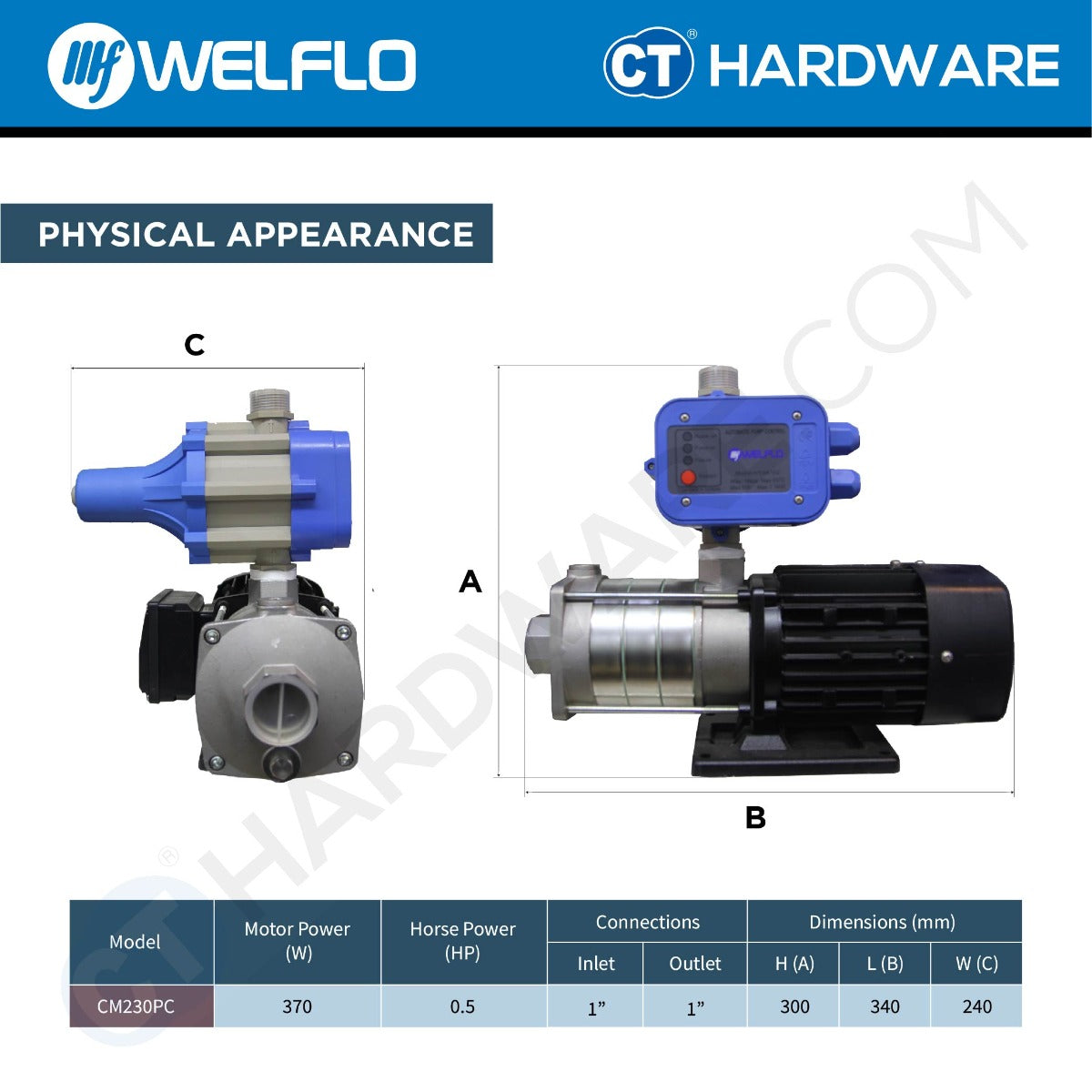 WELFLO CM230PC STAINLESS STEEL DOMESTIC WATER BOOSTER PUMP BATHROOM SUPPORT 2-3