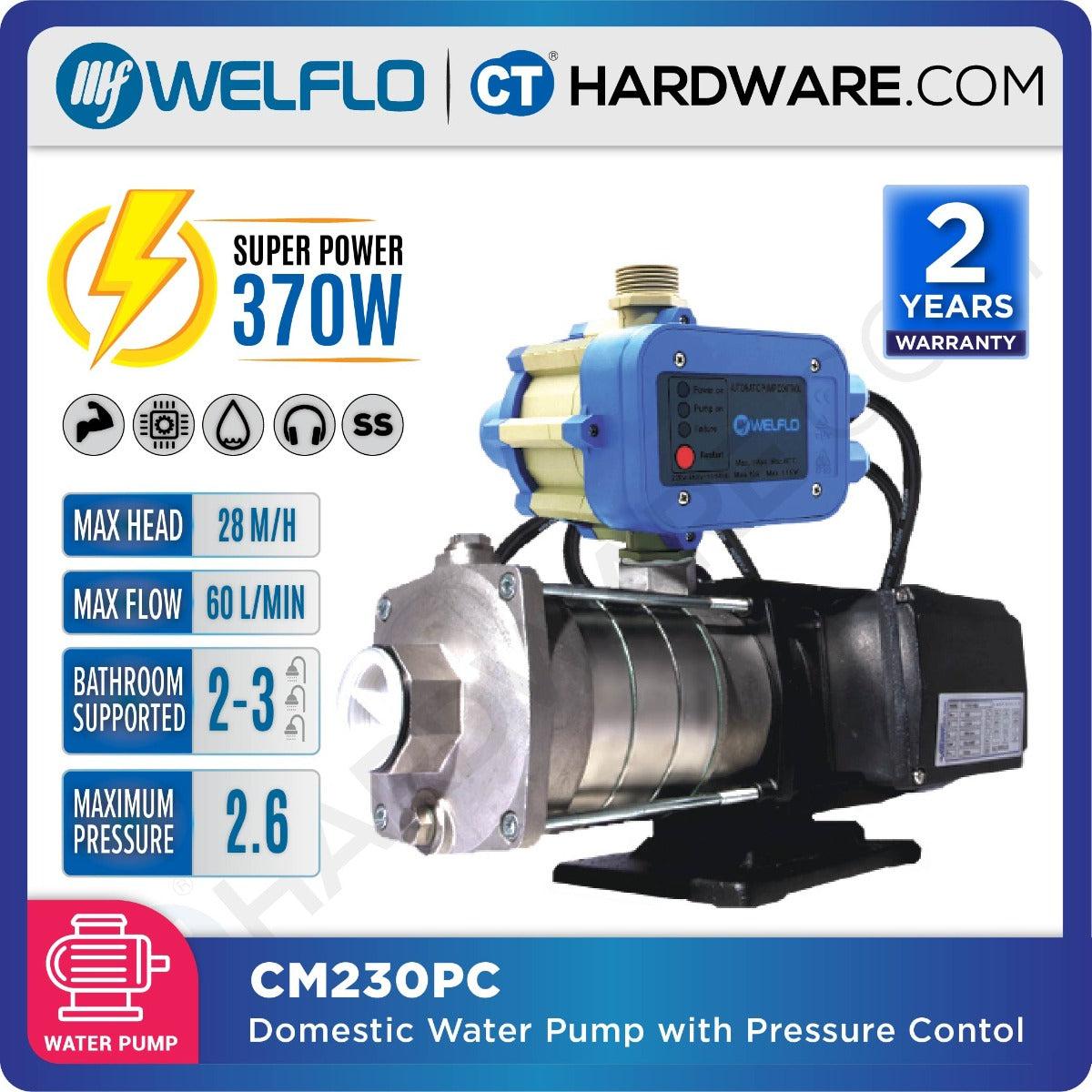 WELFLO CM230PC STAINLESS STEEL DOMESTIC WATER BOOSTER PUMP BATHROOM SUPPORT 2-3