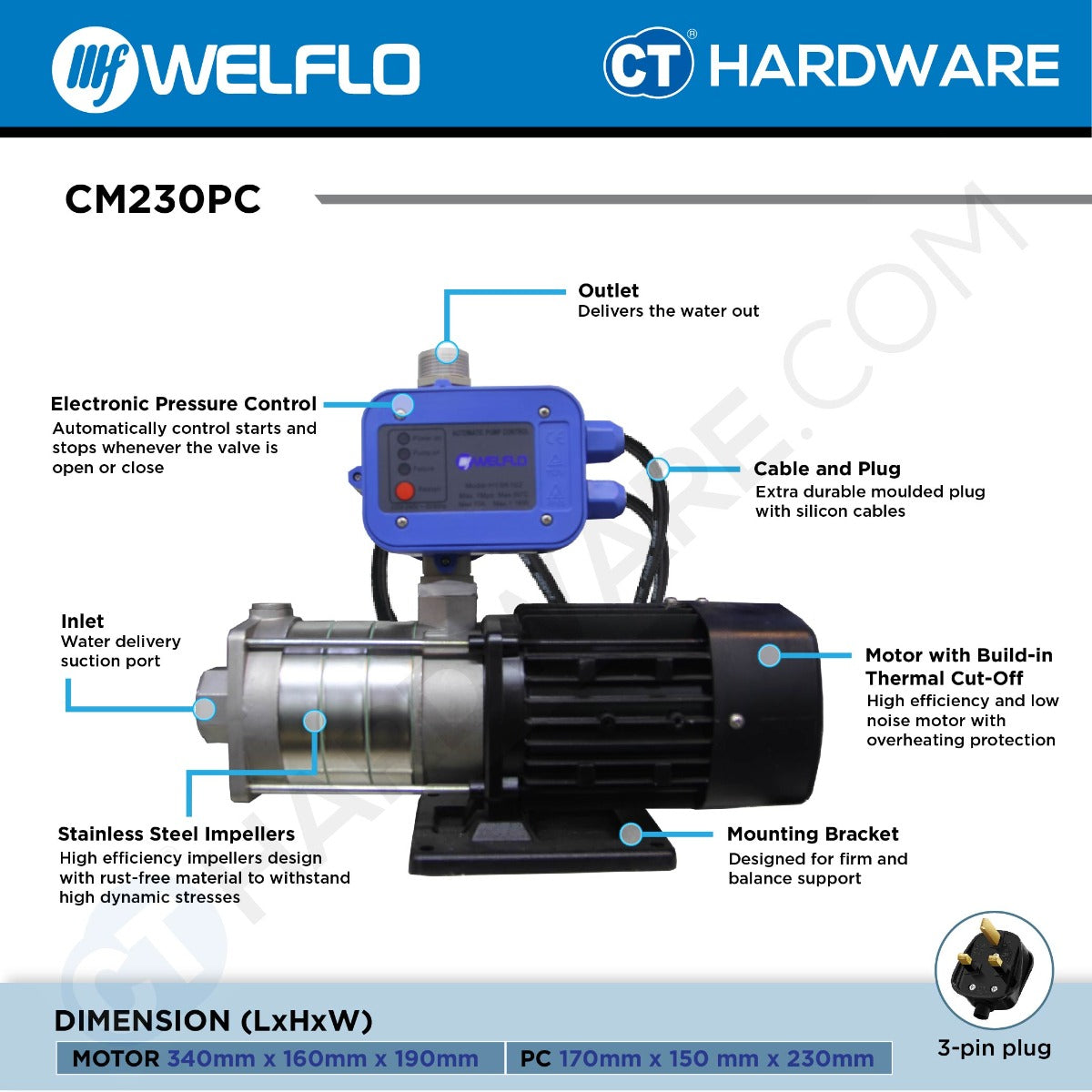 WELFLO CM230PC STAINLESS STEEL DOMESTIC WATER BOOSTER PUMP BATHROOM SUPPORT 2-3