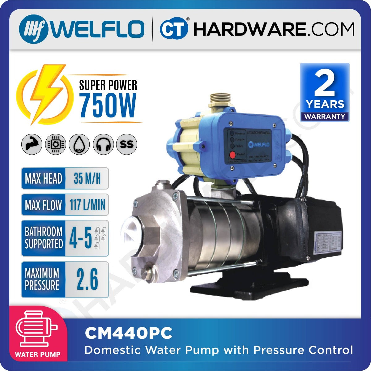 WELFLO CM440PC STAINLESS STEEL DOMESTIC BOOSTER PUMP  BATHROOM SUPPORT 4-5