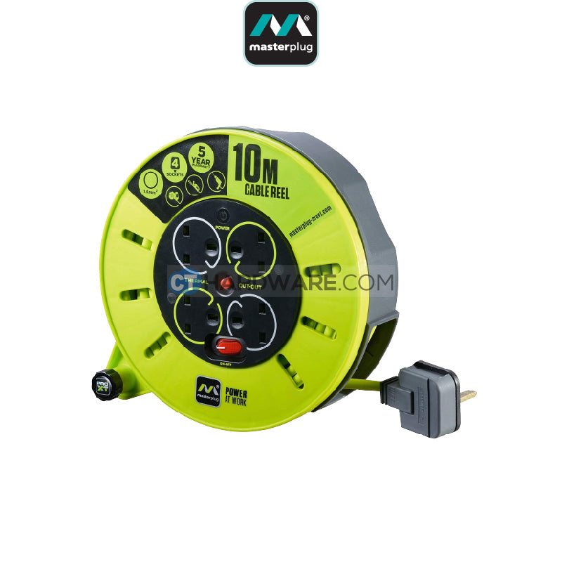 Masterplug Cassette Reel With 10M Green Wire,4 Socket 13Amp
