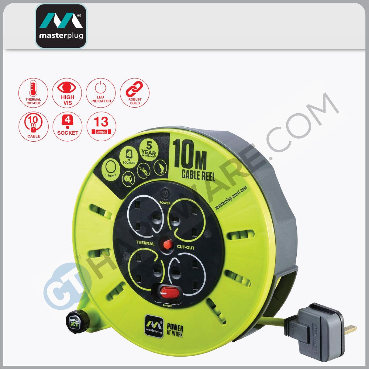 Masterplug Cassette Reel With 10M Green Wire,4 Socket 13Amp