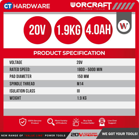 WORCRAFT COP-S20LiB CORDLESS BRUSHLESS RANDOM ORBIT POLISHER 6" | 20V | 5000/MIN [ COPS20LiB ]